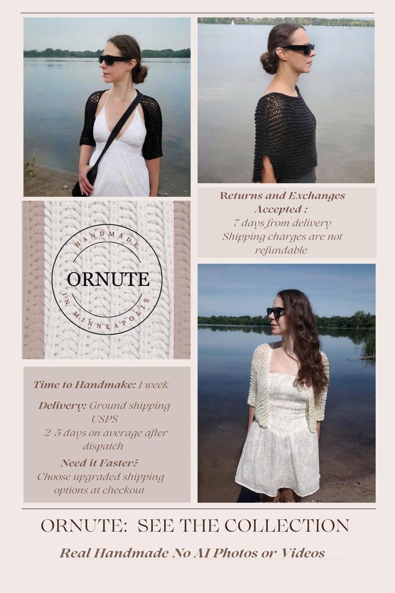 May include: A collage of images showcasing handmade knitwear. Featured are black and cream-colored shrugs and boleros. The brand name "ORNUTE" is displayed in a circular logo. The text reads "Real Handmade No AI Photos or Videos."