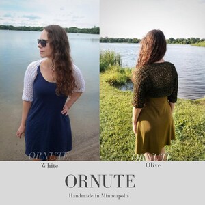 May include: Two crochet shrugs, one white and one olive green, are displayed. The white shrug is paired with a navy blue dress, and the olive green shrug is worn with an olive green skirt. The brand name "ORNUTE" is displayed.