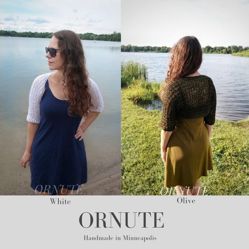 May include: Two crochet shrugs, one white and one olive green, are displayed. The white shrug is paired with a navy blue dress, and the olive green shrug is worn with an olive green skirt. The brand name "ORNUTE" is displayed.