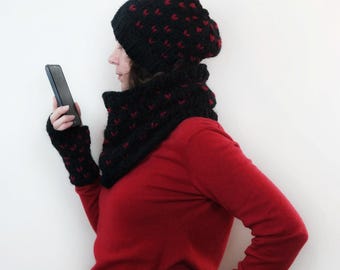 Hand Knit Wool Custom Colors Fair Isle AVA Heart Hat, Scarf, Fingerless Mitten Set, Handmade Gift for Her