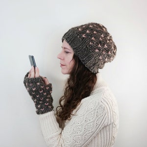 Women Slouchy Wool Heart Hat and Glove Set Handmade Gift for Her / The Ava Fair Isle Fingerless Gloves and Knit Hat Set image 7