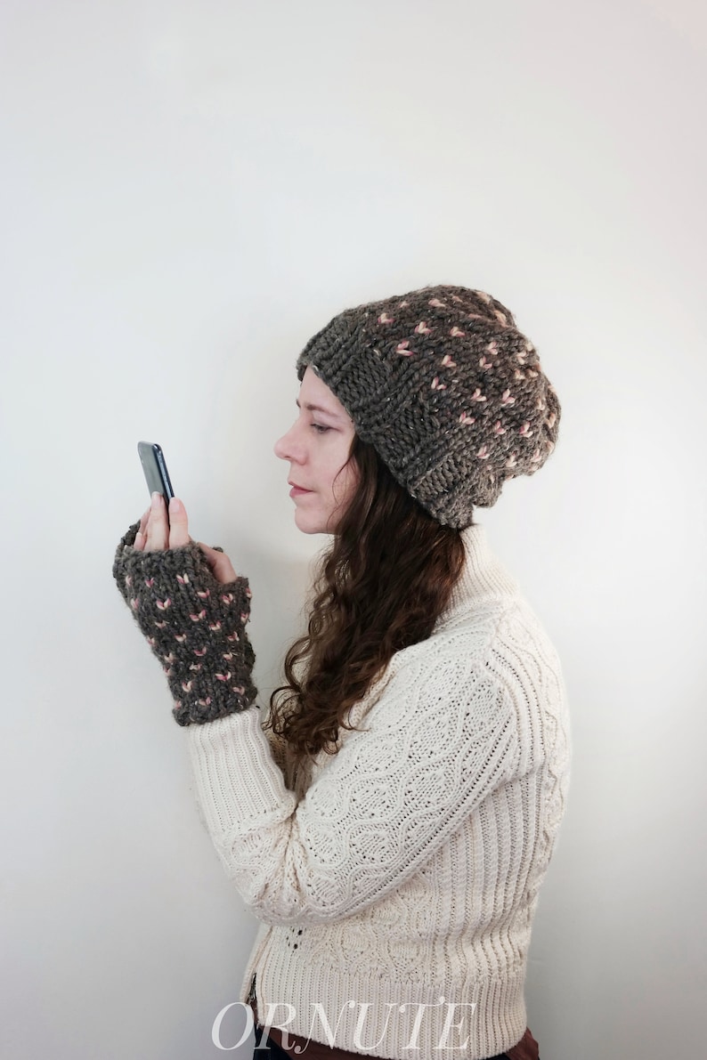 Women Slouchy Wool Heart Hat and Glove Set Handmade Gift for Her / The Ava Fair Isle Fingerless Gloves and Knit Hat Set image 7