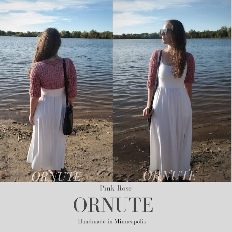 May include: A woman wearing a pink rose-colored bolero sweater over a white dress. The image is taken outdoors near a body of water. The text "ORNUTE" and "Pink Rose" are visible.