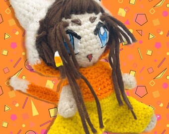 Crochet Candy Corn Cat Anime Plushie Doll| Doll in Strawberry Outfit|Candy Corn  cat Doll