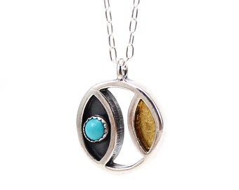 Mid Century Modern Style Turquoise Pendant - 4mm Kingman Turquoise, 24K Gold and Solid Sterling Silver Necklace