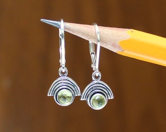 Tiny Sterling Silver and Peridot Rainbow Earrings on Lever Back Ear Wires