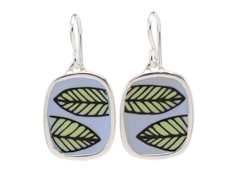Leaf Earrings in Blue and Green, Nature Inspired Botanical Earrings, Handmade Sterling Earrings