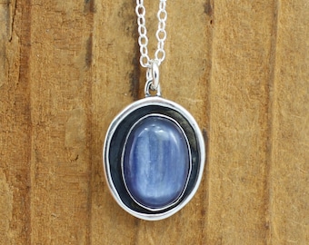 Kyanite and Sterling Silver Necklace - Gorgeous Shiny Blue Oval Kyanite Set in Shadow Box Style Pendant
