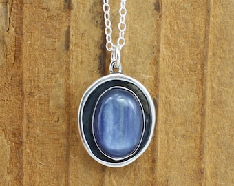 Kyanite Sterling Silver Necklace: Oval Shadow Box Pendant