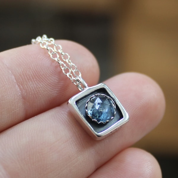 Tiny Faceted Moss Kyanite Shadow Box Pendant - Sterling Silver and Teal Kyanite Necklace