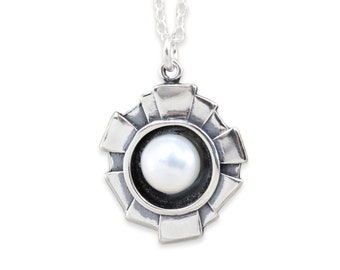 Modern Art Deco Style Pearl Necklace - Sterling Silver and Pearl Pendant