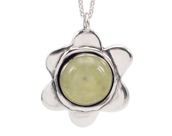 Light Green Gemstone Flower Power Necklace - Large Flower Motif Sterling Silver and  Prehnite Pendant on Adjustable Chain