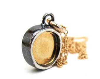 Tiny Round Sterling Silver and 24K Gold Necklace - Mixed Metal Circle Pendant - Minimalist Charm