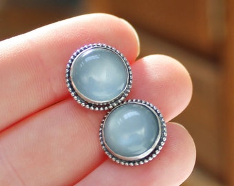 Sterling Silver and Moonstone Posts - Large Patina Silver and Shiny Grey White Moonstone Stud Earrings