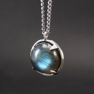 Prong Set Labradorite Necklace - Sterling Silver and Labradorite Pendant for Men and Women