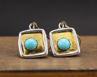 Modern Turquoise and Gold Earrings - 6mm Kingman Turquoise, 24K Gold and Solid Sterling Silver Earrings on Gold Filled Lever Back Ear Wires