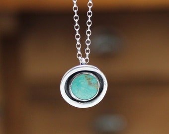 Modern Turquoise Pendant - Small Round Sterling Silver and 10mm Gemstone Necklace on Adjustable Sterling Chain