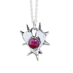Rose Cut Ruby Spiked Heart Necklace Sterling Silver on Adjustable Sterling Silver Chain