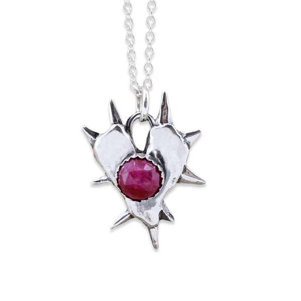 Rose Cut Ruby Spiked Heart Necklace Sterling Silver on Adjustable Sterling Silver Chain