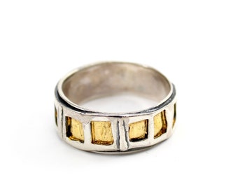 Men's Mixed Metal Band Ring - Solid Sterling Silver and 24k Gold Rustic Ring