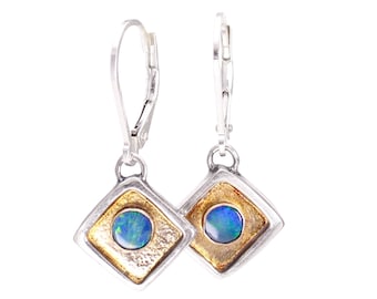 Boulder Opal Sterling Silver Dangle Earrings with 24k Gold Accents