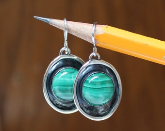 Sterling Silver and Malachite Earrings in the Shadowbox Style - Gorgeous Green Malachite Dangle Earrings on French Hook Ear Wires