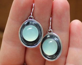 Sterling Silver and Chalcedony Earrings in the Shadowbox Style - Gorgeous Aqua Blue Chalcedony Dangle Earrings on French Hook Ear Wires