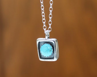 Tiny Sterling Silver and Turquoise Shadowbox Style Pendant - Modern 6mm Kingman Turquoise Southwestern Style Necklace