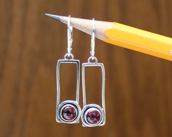 Modern Garnet Earrings: Sterling Silver Lever Back, 6mm Red Gemstone
