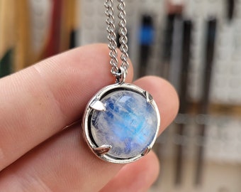 Prong Set Moonstone Necklace - Sterling Silver and Blue Moonstone Pendant for Men and Women