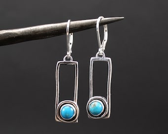 Modern Sterling Silver Turquoise Earrings: Kingman Leverback Dangle