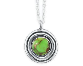 Green Turquoise Pendant in Modern Round Setting - Sterling Silver and Turquoise Necklace