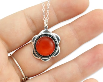 Sterling Silver and Carnelian Flower Necklace - Hippie