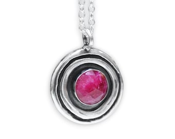 Modern Rose Cut Ruby Necklace: Sterling Silver Circle Pendant, Adjustable Chain