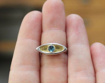 Rose Cut London Blue Topaz Ring with 24 Karat Gold Highlights on Sterling Silver Base