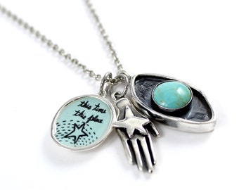 Being Mindful Talisman Necklace - Turquoise, Sterling Silver and Enamel Necklace with Three Pendants - Star Magic