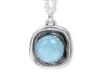 Modern Bezel Set Aquamarine Pendant - Sterling Silver and 10mm Aquamarine Necklace Set in a Serrated Bezel - Shadowbox Jewelry