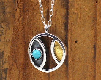 Mid Century Modern Turquoise Pendant: 24K Gold Sterling Silver Necklace