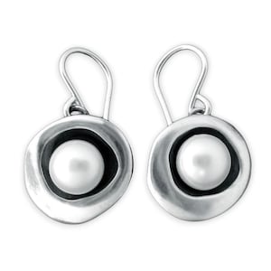 Modern Pearl Earrings in Round Sterling Setting - Sterling Silver Pearl Earrings with Black Patina