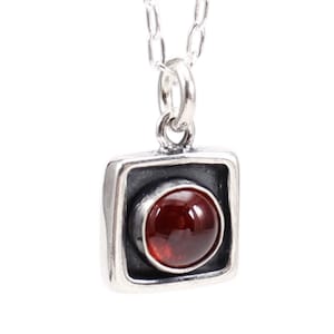 Sterling Silver Garnet Necklace - Tiny Modern Square Red Gemstone Pendant on Adjustable Sterling Chain -