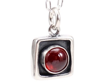 Sterling Silver Garnet Necklace - Tiny Modern Square Red Gemstone Pendant on Adjustable Sterling Chain -