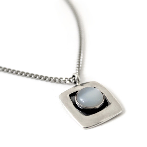 Modern Moonstone Necklace on Long Chain - 10mm Round White Moonstone Set on Sterling Silver Square Pendant