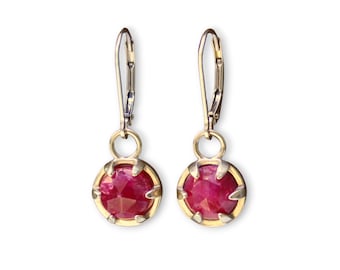 Ruby Earrings - Prong Set Gold Dipped Gemstone Dangle Earrings - Ruby Lever Backs