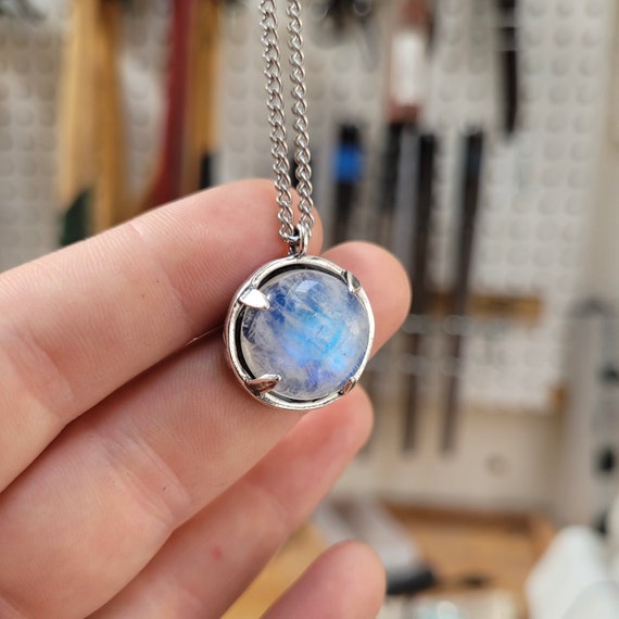 Rainbow Moonstone and CZ Flower Sterling Silver Drop Pendant - Handmade  Metalwork Gemstone Necklace
