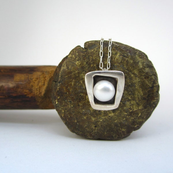 Modern Pearl Necklace - Square Sterling Silver and Freshwater Pearl Necklace with Black Patina