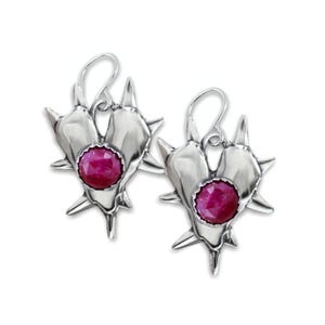 Spike Heart Sterling Silver Earrings: Rose Cut Ruby, French Hook