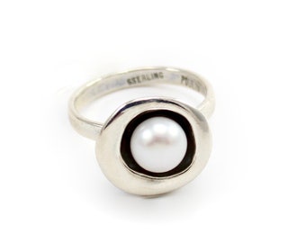 Modern Pearl Ring - Round Sterling Silver and Freshwater Pearl Ring with Black Patina