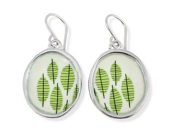 Sterling Silver Leaf Dangle Earrings - Vitreous Enamel Botanical Jewelry