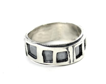 Oxidized Sterling Silver Geometric Band Ring - Unique Rustic Wedding Band