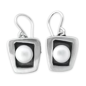 Modern Pearl Earrings  - June Birthday Earrings - Sterling Silver and Freshwater Pearl Dangle Earrings with Black Patina